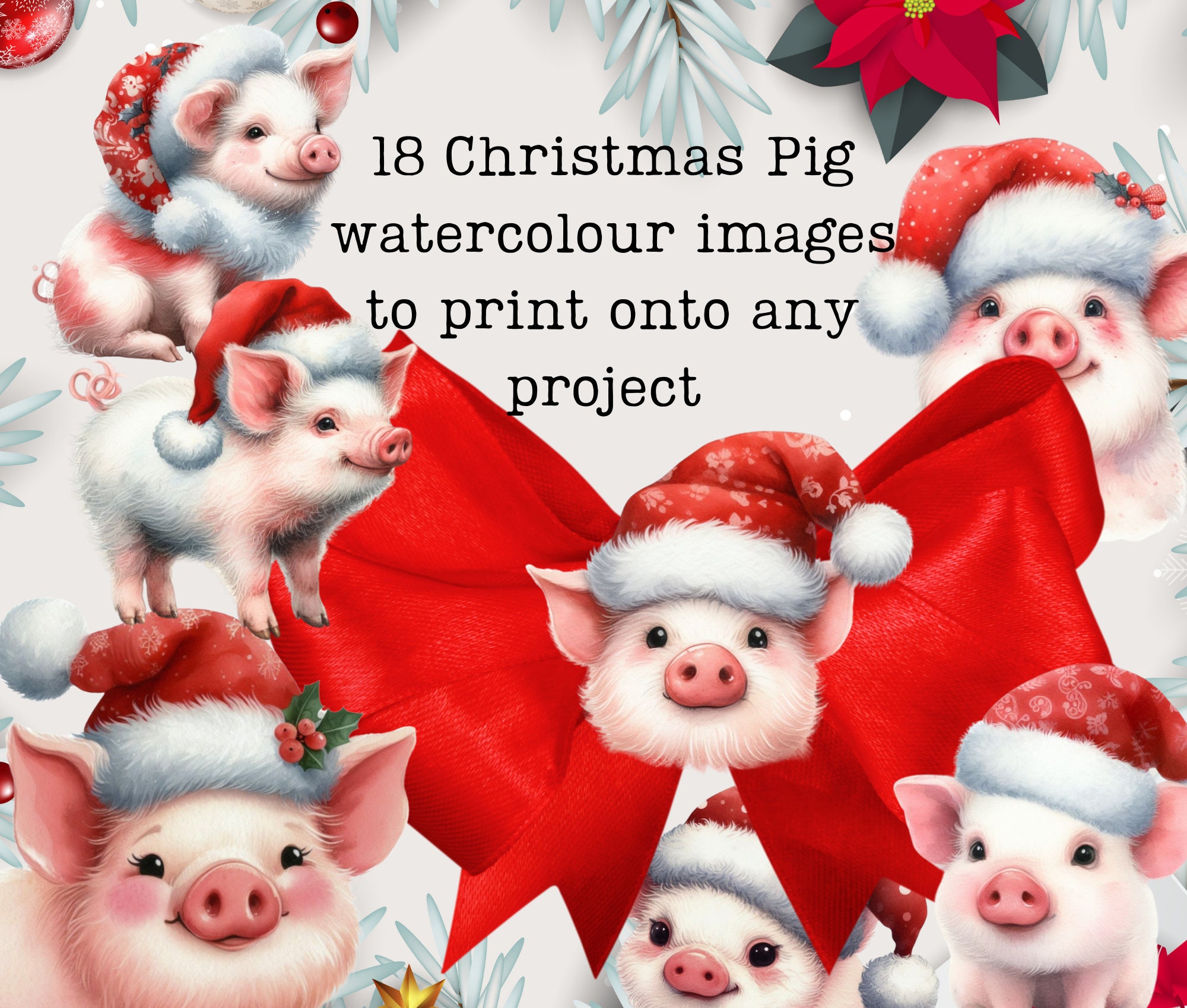 Christmas at the Farm Pigs Clipart Bundle, Printable Piggies, Quirky Pigs, Santa Hats, Cute ...