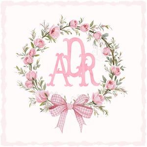 Può includere: Una ghirlanda di fiori rosa con un fiocco rosa e le lettere "ALR" al centro.