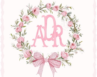 Watercolor Wreath Clipart Bundle, Coquette Bows frame, pink Rose Grandmillenial bow, Transparent PNG Girl Gingham ribbon free commercial use
