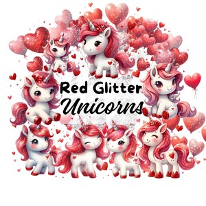 Einhorn Clipart Bündel, roter Glitzer-Effekt, Aquarell süße Einhörner, transparente PNG Sublimation entwirft Mädchen pony party, Geschenkideen Shirt