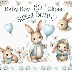 Baby Boy Bunnies Clipart Bundle png, Blaue Strickjacke Baby Kaninchen, Wildblumen, Schmetterling Babypartydekoration, Junge Hase druckbare Ostern