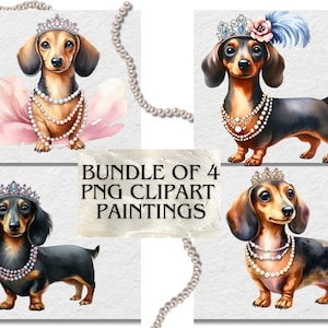 Dackel Clipart, Mädchen Dackel PNG, Aquarell Hunde PNG, Verwöhnte Hunde svg Bündel, Perlen Tiara Prinzessin Wursthunde adrette Haustiere, Boho