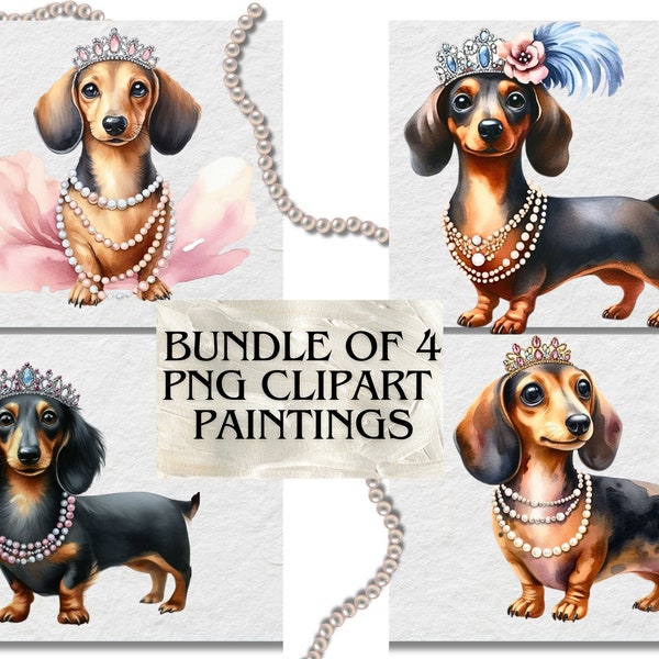 Dachshund Clipart, girl Sausage Dog PNG, Watercolor dogs PNG, Spoilt dogs svg Bundle, Pearls Tiara Princess sausage dogs preppy pets, boho