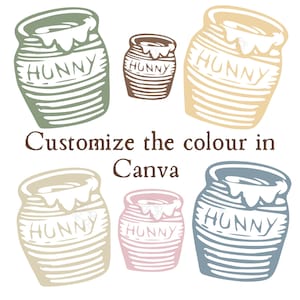 Puede incluir: Varios tarros de miel estilizados en colores como verde, marrón y azul, con la palabra "HUNNY" en cada uno. También incluye el texto "Customize the colour in Canva".