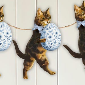 Ghirlanda pasquale vintage con gatti Mamelok, uova Toile de Jouy, festone di carta stampabile con gatti tigrati, decorazioni murali vittoriane con gatti tigrati, fai da te