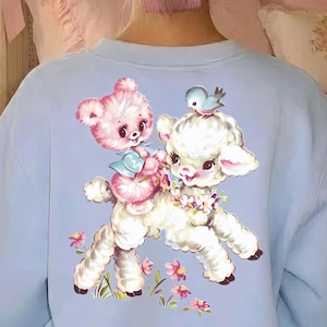 Clipart de cordero vintage y oso de peluche rosa, arte infantil de los años 50 (descarga digital PNG)