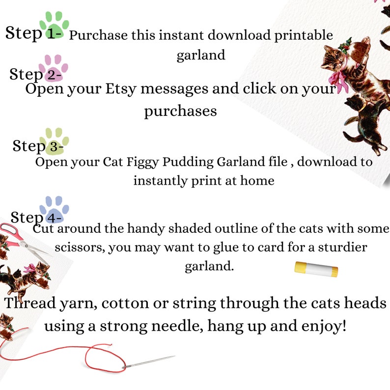 Vintage Cat Christmas Pudding Garland, Printable Mamelok Garland, Red