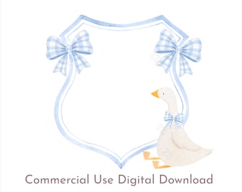 May include: Watercolor illustration featuring a shield-shaped frame with light blue gingham bows. A white goose with a matching bow is positioned below the frame. The text "Commercial Use Digital Download" is at the bottom.
