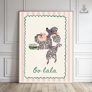 Vintage Poodle art print, Retro Dog, circus poster, 1950s Miniature poodles wall art printable scalloped doodle border red pink kitsch dogs