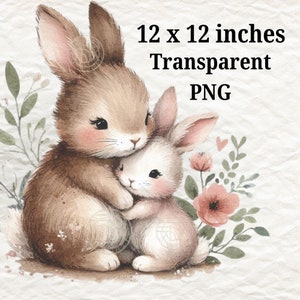 May include: A watercolor illustration of two brown and white bunnies hugging each other. The bunnies are surrounded by green leaves and pink flowers. The image is 12 inches by 12 inches.
