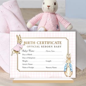 Reborn Doll Birth Certificate, Printable adoption COA, baby girl, Peter rabbit birth certificate, box opening accessories, flopsy bunny doll