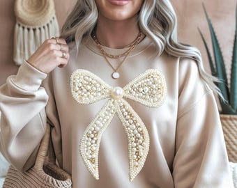 Pearl Bow PNG, Elegant T-shirt design, Coquette Bow faux Pearl Beaded Texture sublimation digital download