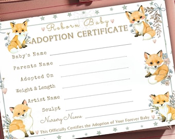 Reborn Doll Adoption Certificate, Fox Cub Watercolor (Printable)