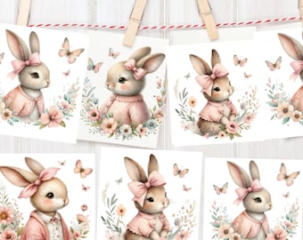 Baby Bunny Rabbit Clipart Bundle, Baby Girl bunnies PNG, watercolor Easter sublimation, cute bunny svg, girl baby shower decorations, pink