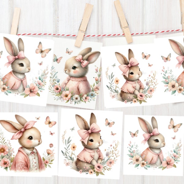 Baby Bunny Rabbit Clipart Bundle, Baby Girl bunnies PNG, watercolor Easter sublimation, cute bunny svg, girl baby shower decorations, pink