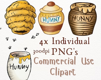 Paquete de imágenes prediseñadas clásicas de Winnie the Pooh: ollas de miel y colmena de abejas, descarga digital, fondo transparente de 300 ppp, oso Pooh png