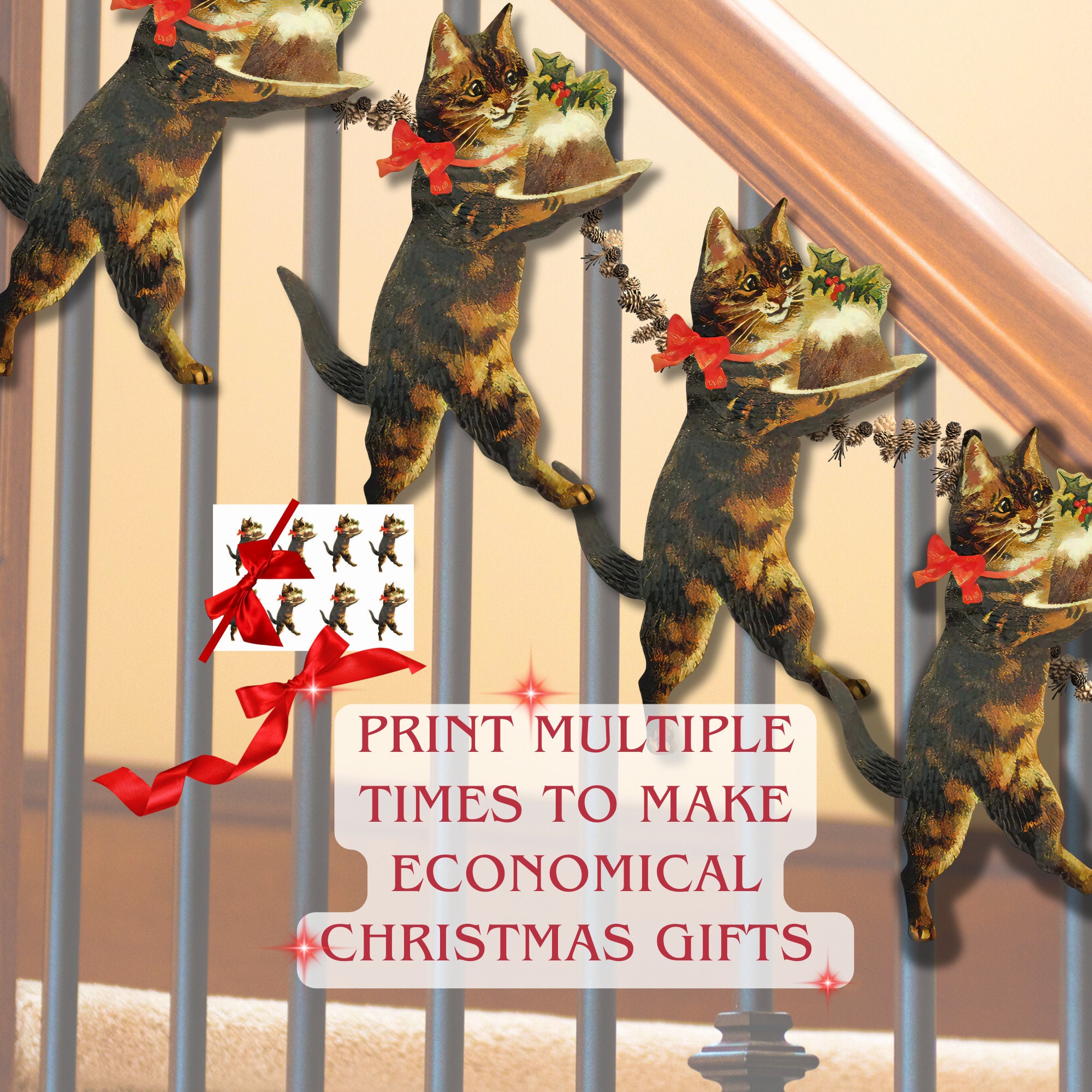 Vintage Cat Christmas Pudding Garland, Printable Mamelok Garland, Red