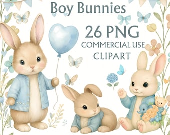 Baby Boy Bunnies clipart bundle png, blue cardigan baby rabbits, wild flowers, butterfly baby shower decorations, printable bow border frame