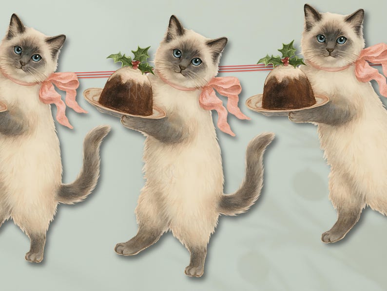 Christmas Pudding Ragdoll Cat Garland Pink Bow Banner Retro Holiday Christmas Pudding Ragdoll Cat Garland Pink Bow Banner Retro Holiday