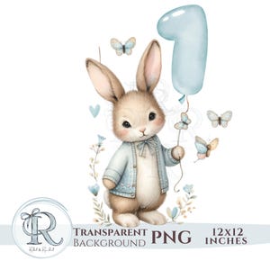 Clipart de coelho de primeiro aniversário de meninos, coelho fofo de primeiro aniversário de menino PNG, balão número 1, download digital de aquarela, menino de 1 ano PNG