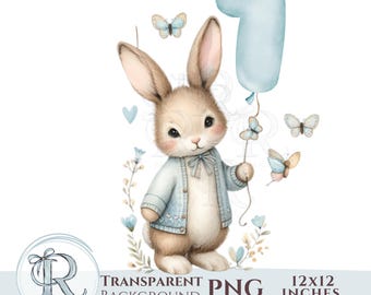 Boys First Birthday Bunny Clipart, Cute Rabbit 1st Birthday Baby Boy PNG, number 1 balloon, watercolor digital download, baby boy age 1 PNG