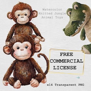 Plushie Animals Jungle Baby Clipart Bundle, peluche lavorati a maglia ad acquerello, peluche zoo baby png, stampabili per vivaio, pubblicità gratuita