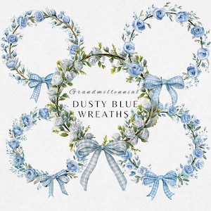 Zestaw clipartów Grandmillennial Bows & Roses Wreath, Dusty Blue floral frames png, cyfrowe wzory akwarelowe, wstążka Pastel Gingham Coquette