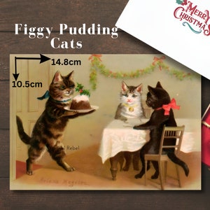 Vintage Katze Weihnachtspudding Karte, druckbare Katze Figgy Pudding Weihnachtskarte Digitaler Download Urlaub viktorian xmas Retro Kätzchen PNG