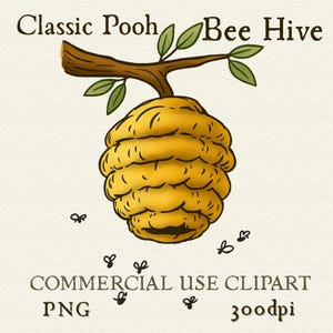 Puede incluir: Ilustración de una colmena amarilla con el texto "Classic Pooh Bee Hive". La imagen presenta una colmena detallada y texturizada colgando de una rama marrón con hojas verdes. Pequeñas abejas negras están dispersas alrededor de la colmena. También incluye el texto "COMMERCIAL USE CLIPART PNG 300dpi".