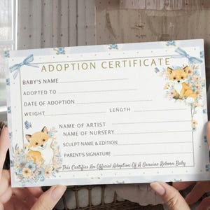 Reborn Baby Editable Certificate Template Printable boy reborn dolls, Canva birth certificate cute fox cub realistic reborn country cottage