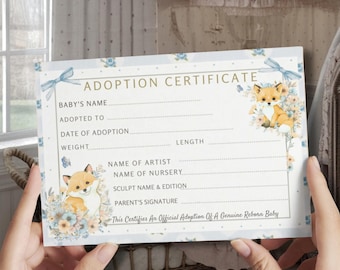 Reborn Baby Editable Certificate Template Printable boy reborn dolls, Canva birth certificate cute fox cub realistic reborn country cottage