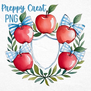 Brasão da escola PNG, Moldura de brasão em aquarela, Clipart preppy, Maçãs com laços Monograma Grandmillennial, Imprimível para sala de aula de creche, Primeiro dia