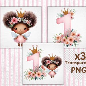 Hada de 1 año, princesa afroamericana negra PNG, linda corona con purpurina para niña de primer cumpleaños, flores silvestres número 1, imprimible