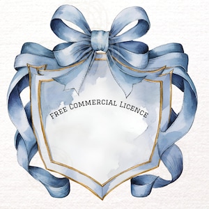 Puede incluir: Una ilustración de acuarela de una cinta azul atada en un lazo alrededor de un escudo con borde dorado. El escudo es blanco con el texto "FREE COMMERCIAL LICENCE" escrito en negro.