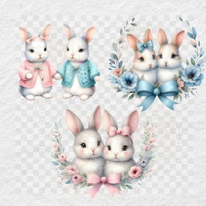 Twin Baby Hase Kaninchen Clipart Bundle transparente PNG printable Zwillinge Freie kommerzielle Nutzung Sublimation niedlichen Babys Glückwünsche Jungen Mädchen