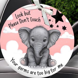 Bord roze olifant kinderwagen, kiemlabel babyautostoeltje (afdrukbaar)