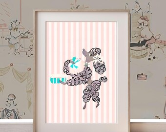 Pink Poodle Powder Room Wall Art, 1950s Vintage Wallpaper, Girl