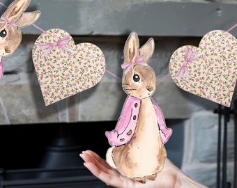 Girls Peter Rabbit Garland Printable Bunting, Vintage Flopsy Bunny Baby Shower Decorations, Heart banner, instant download, storybook party