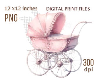 Baby Stroller clipart, Pink Watercolor Traditional Coach Built Carriage Pram PNG, Printable Its a Girl Design, Transparent and Vintage Paper