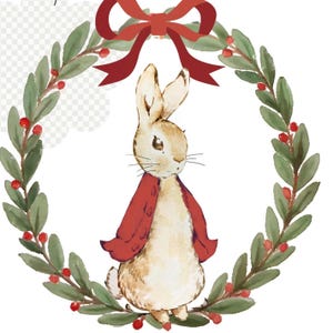 Paquete de imágenes PNG de Peter Rabbit navideño, Baby Shower de Papá Noel, Imágenes prediseñadas de Flopsy Bunny, Corona con marco de lazo rojo, Paquete de estampado de cuadros vichy, Impresiones para la primera Navidad
