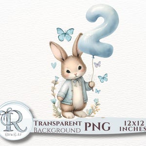 Coelho Clipart de Aniversário de Meninos de 2 Anos, Coelho Fofo de 2º Aniversário de Bebê Menino PNG, balão número 2, download digital de aquarela, bebê menino azul 2 PNG