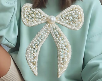 Pearl Bow PNG, Elegant T-shirt design, Coquette Bow faux Pearl Beaded Texture sublimation digital download