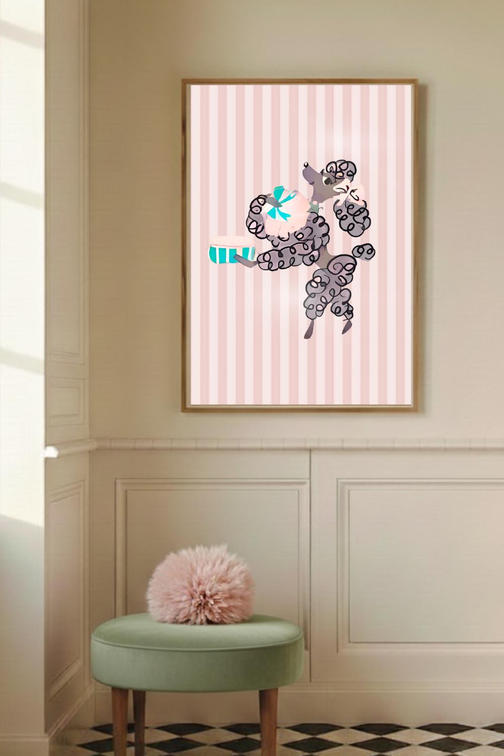 Pink Poodle Powder Room Wall Art, 1950s Vintage Wallpaper, Girl