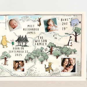 Winnie the Pooh Baby Birth Announcement Hundred Acre Wood Custom Photo Map, Personalized Baby's Arrival Digital Download, Birth Stats Sign
