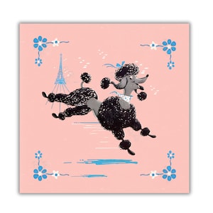 Poodle in Paris Art Print Download – 60s Style Black Dog Wall Art for Bathroom or Nursery, Eco Gift for Dog Lovers, Girly French Decor