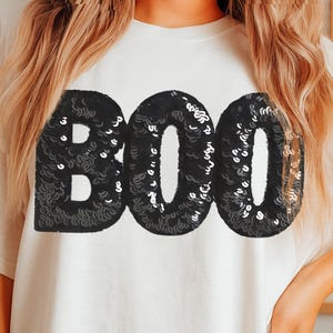 Boo Sequin PNG, Faux embroidery patch textured glitter effect Halloween Sublimation design, Free Commercial Reuse on POD, spooky Boo sparkle