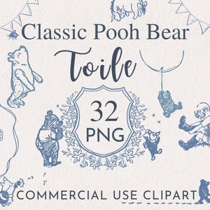 Lot de cliparts PNG ourson toile ourson, téléchargement numérique classique Winnie l'ourson doodle graphiques, vintage imprimable anniversaire Winnie l'ourson vintage