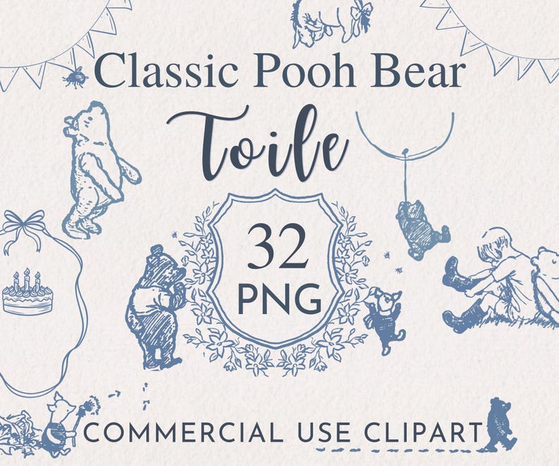 Modern Pooh Graphics Winnie the Pooh Toile Clipart Bundle, French Blue Graphics (digital ...