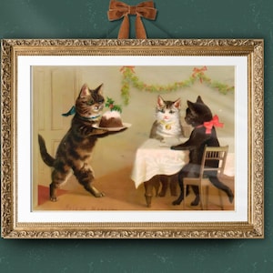 Impresión artística de pudín de ciruelas con gatos navideños, póster vintage imprimible, gatitos de pudín de ciruelas eduardianos, Academia festiva oscura jpeg
