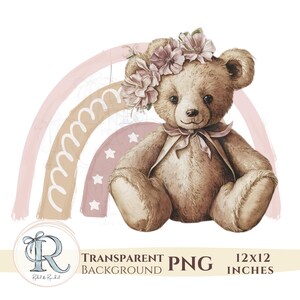 Teddybeer aquarel clipart, Boho regenboog babymeisje png, roze pioen bloemen kroon knuffels babyshower afbeelding voor commercieel gebruik transparant